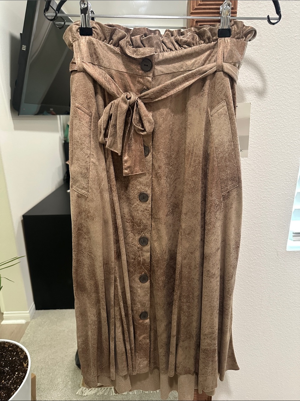 Zara Brown Paperbag Midi Skirt with Button Front and Tie Belt